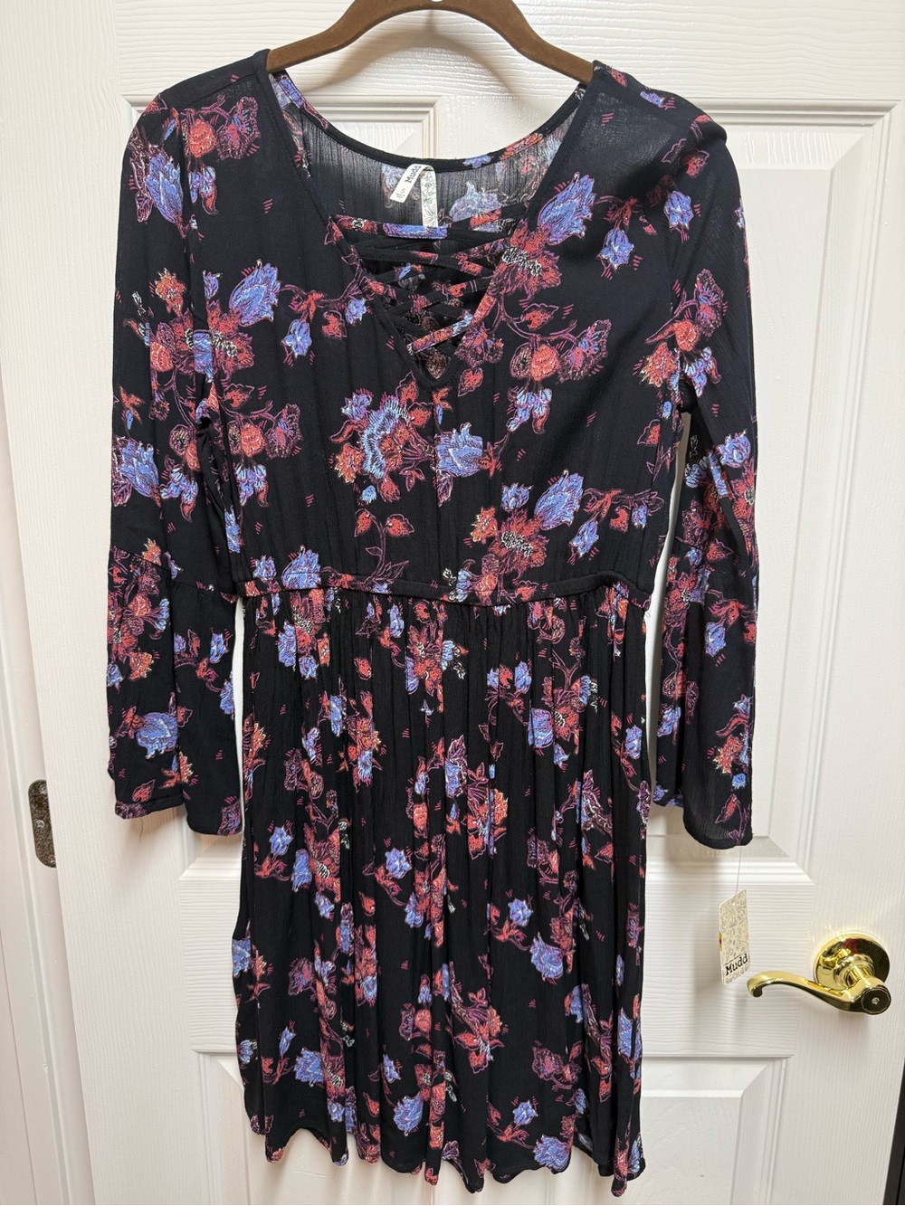 Mudd Black Floral Lace Up Y2K Long Sleeve Dress Small NWT